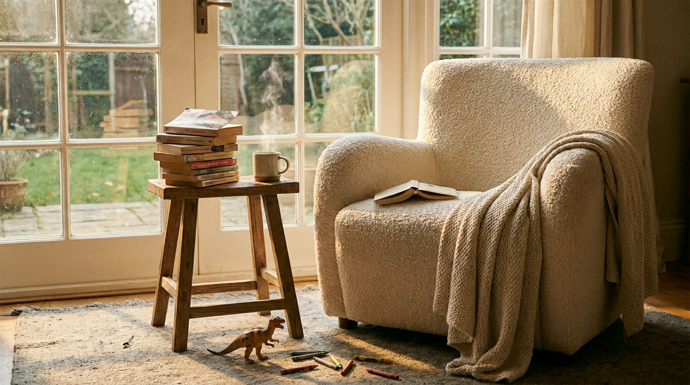 A cozy reading chair, a leaning stack of romance novels, coffee — and a toy dinosaur on the rug.